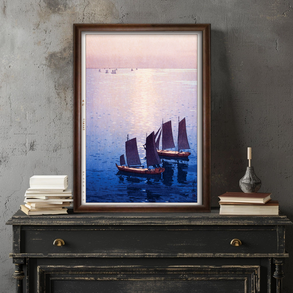 吉田博「光る海」 木製額(額装)木版画複製 日本製 ギャラリー品質 A3