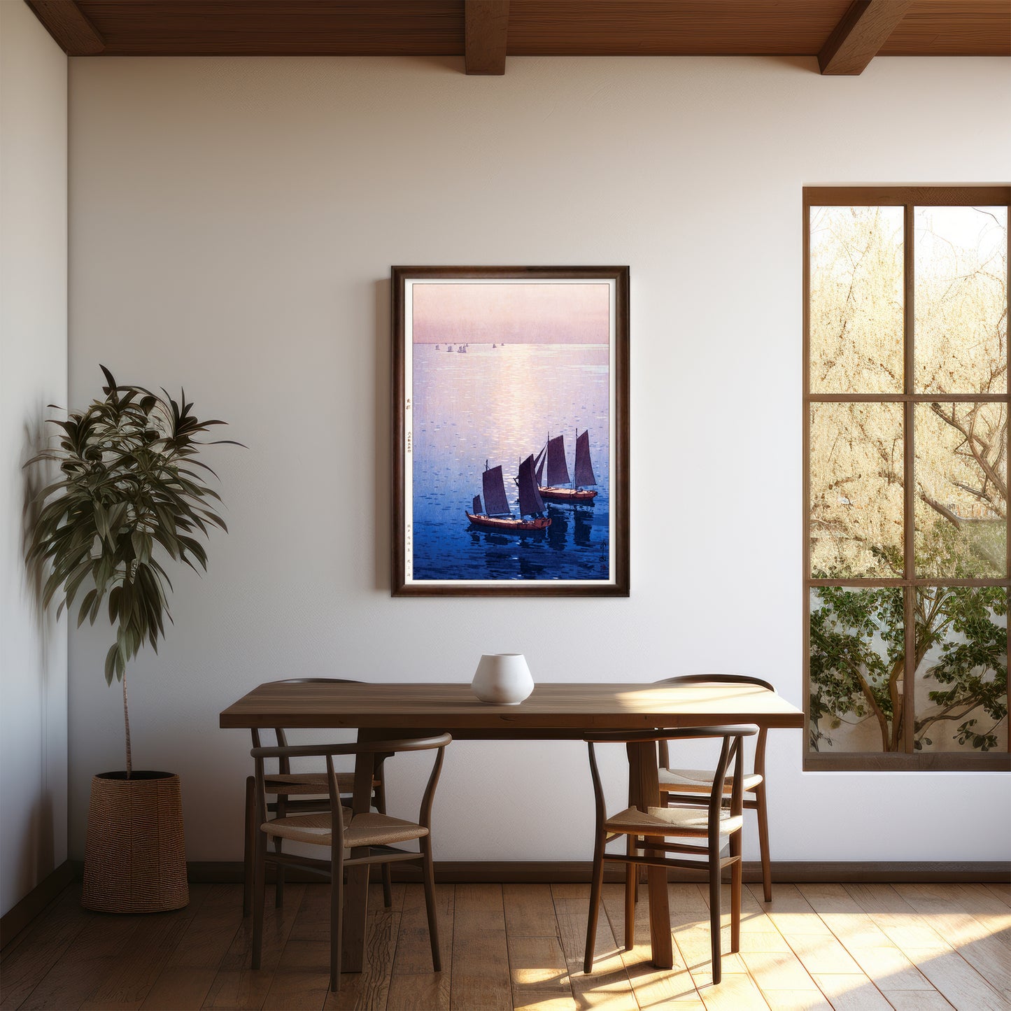 吉田博「光る海」 木製額(額装)木版画複製 日本製 ギャラリー品質 A3