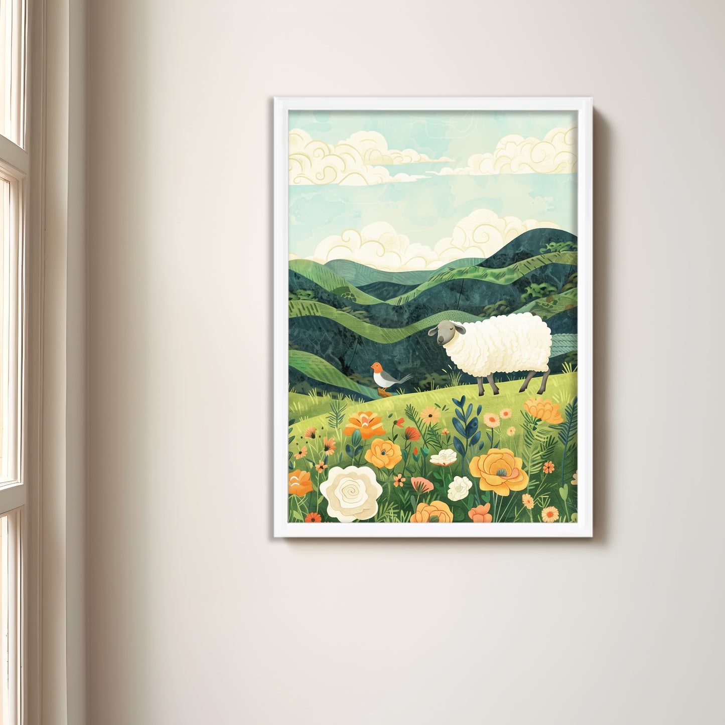 ひつじの散歩 複製画 マット紙 A4 輸送額入り(IKEA)