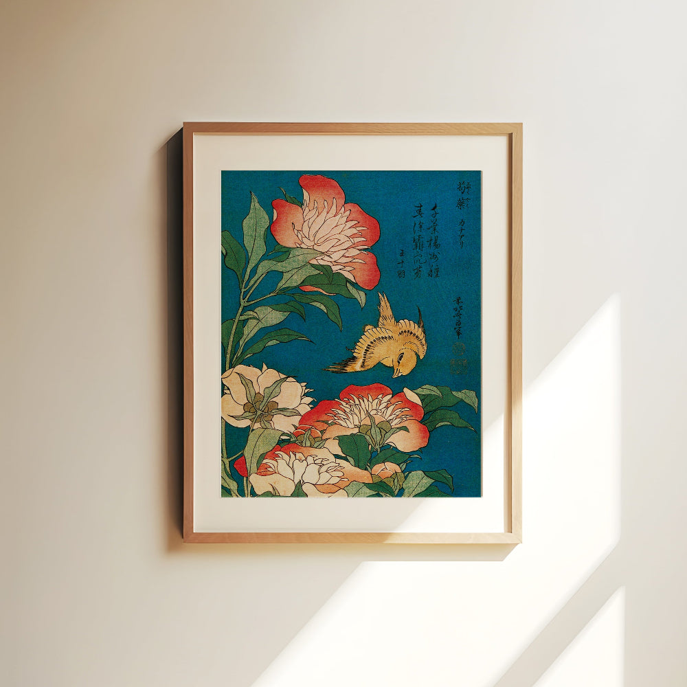 Peonies and Canary (8×10) - Katsushika Hokusai