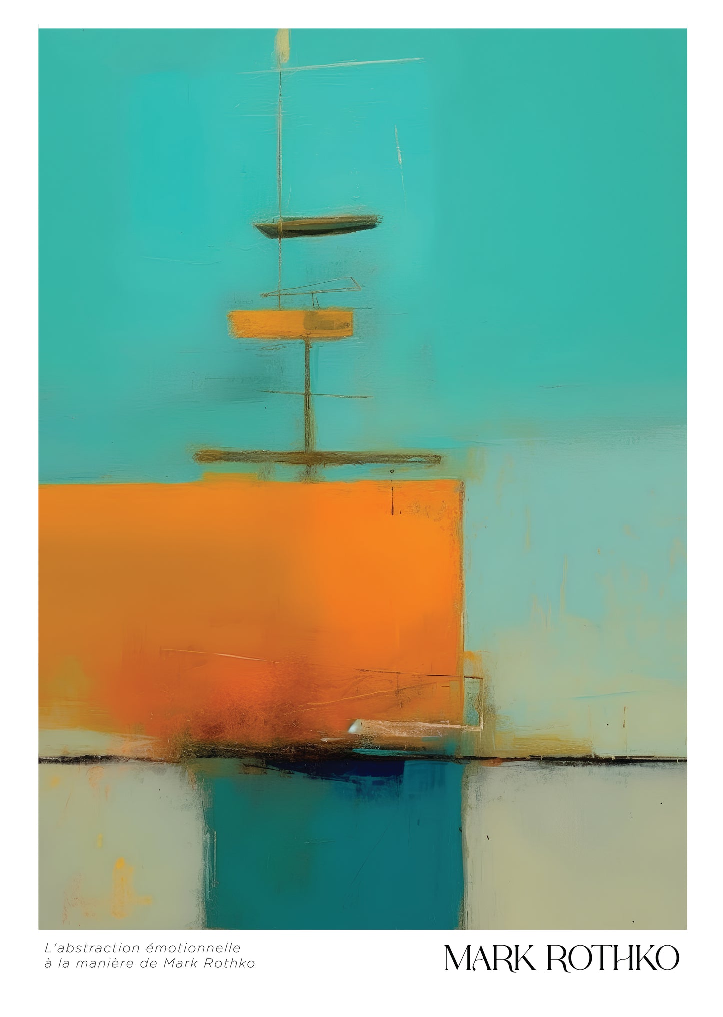 色彩の静寂ー ターコイズブルーの絵画 額装 (木製額) マーク・ロスコ - スタイル 〈Serenity in Color〉日本製 アートフレーム A3