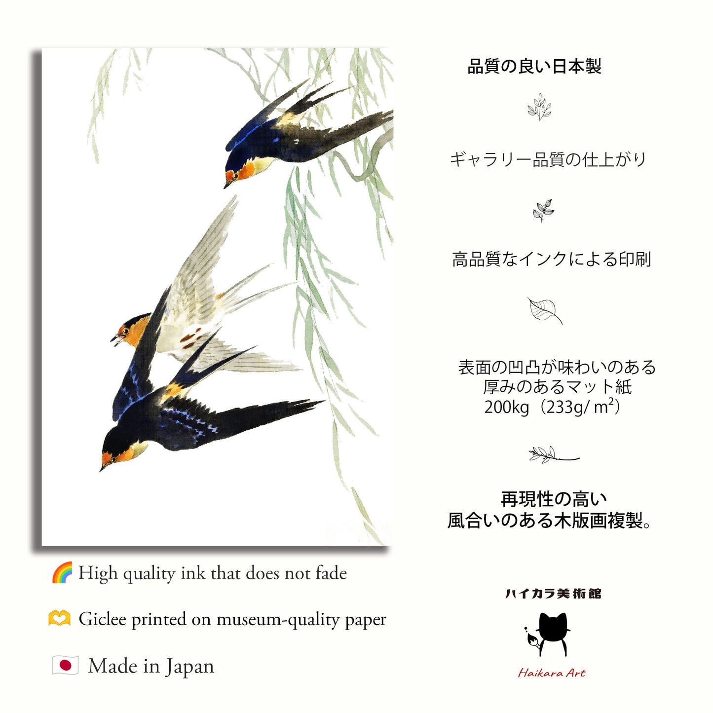 柳とツバメ / 小原古邨 木版画複製 マット紙 A4 フレーム入り(艶消し黒)