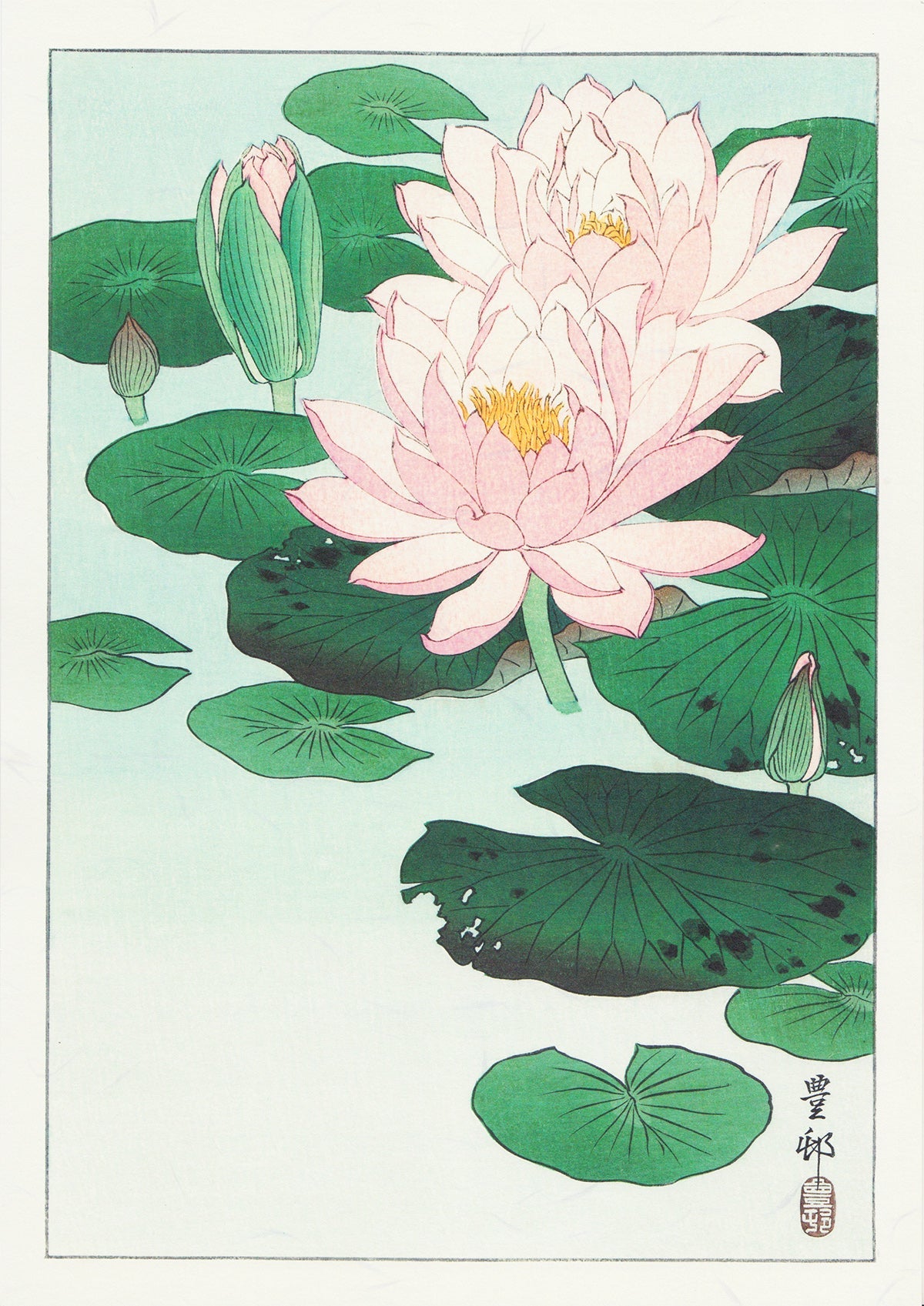 蓮の三作/小原古邨  木版画複製　しこくてんれい（和紙の風合い）花鳥風月　
