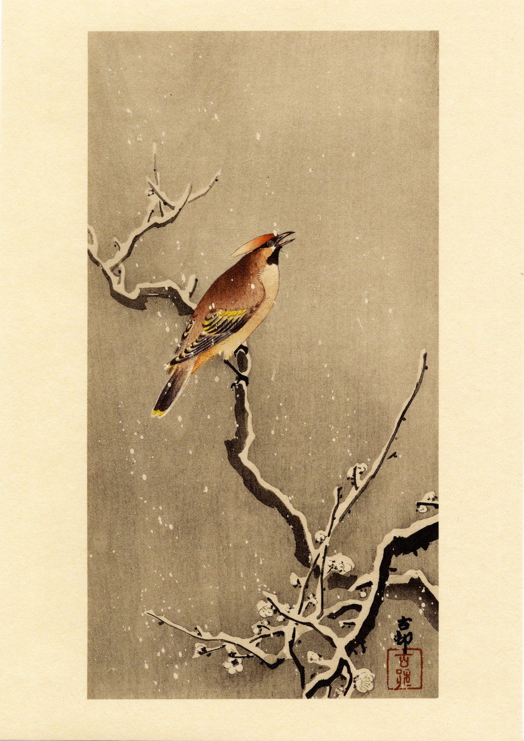 Waxing Waxwing on Plum Trees in the Snow, 9" x 12" - Ohara Koson, Tosa Japanese paper