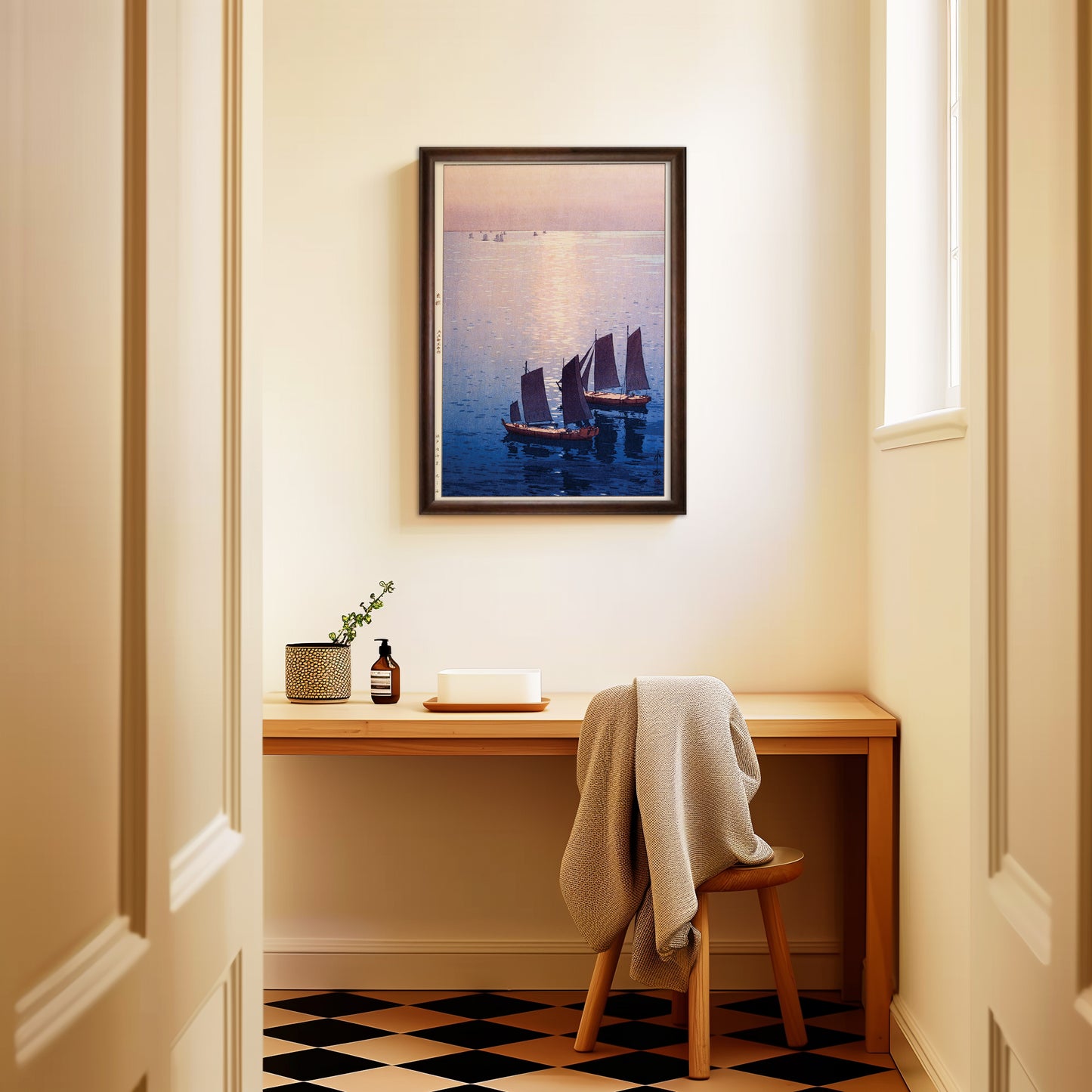 吉田博「光る海」　木製額（額装）木版画複製 日本製   ギャラリー品質  A3