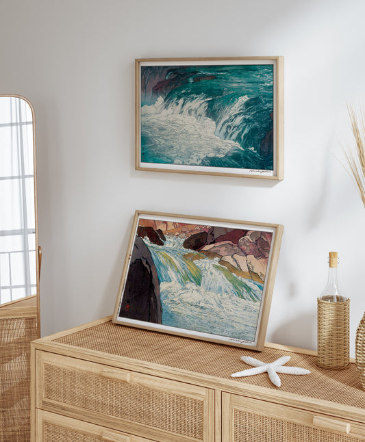 山岳の美 ２枚セット「渓流」「中房川奔流」/ 吉田博　木版画複製 A3