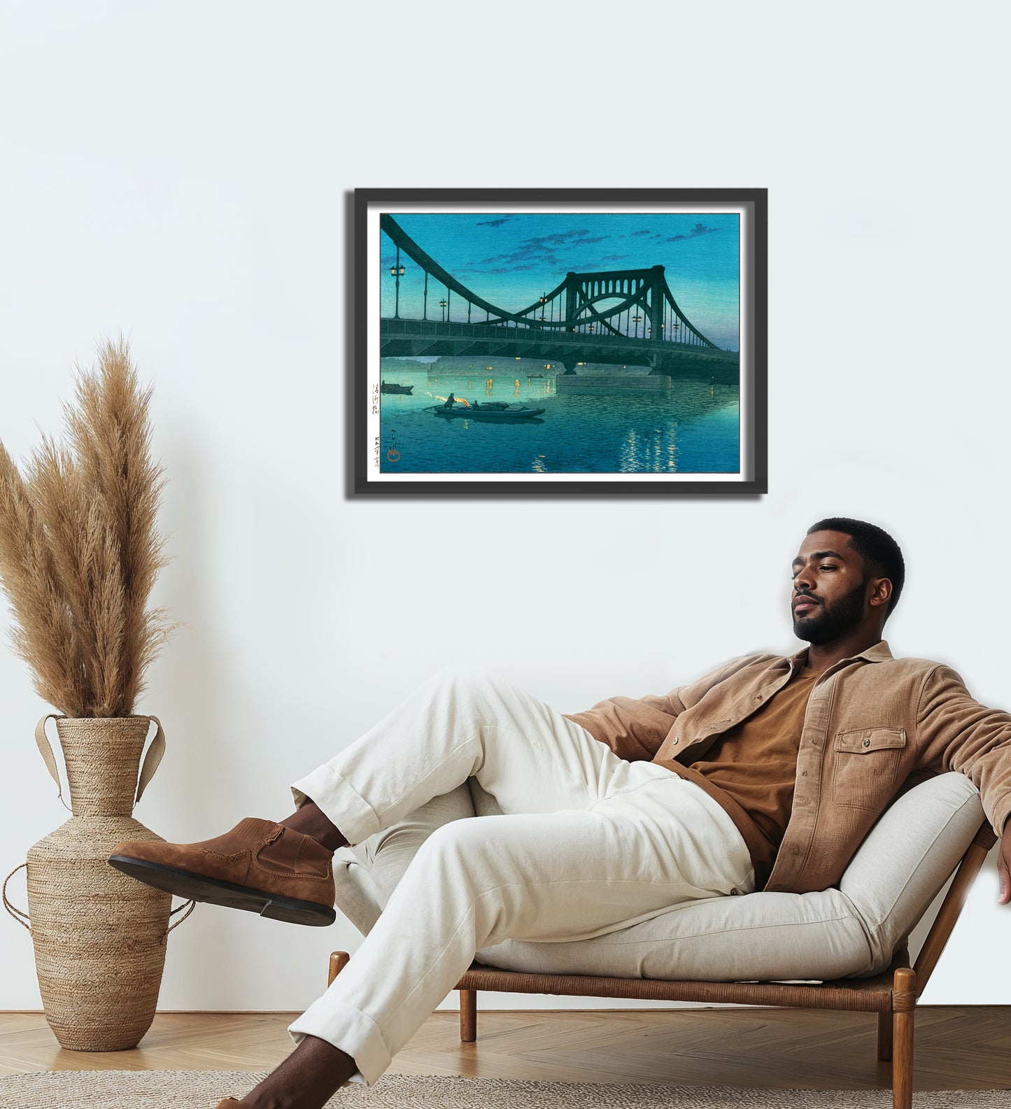 「清洲橋」1931 / 川瀬巴水  木版画複製  30×40cm  フレーム入り（艶消し黒）