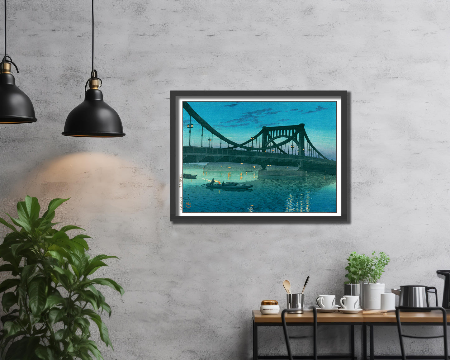 「清洲橋」1931 / 川瀬巴水  木版画複製  30×40cm  フレーム入り（艶消し黒）