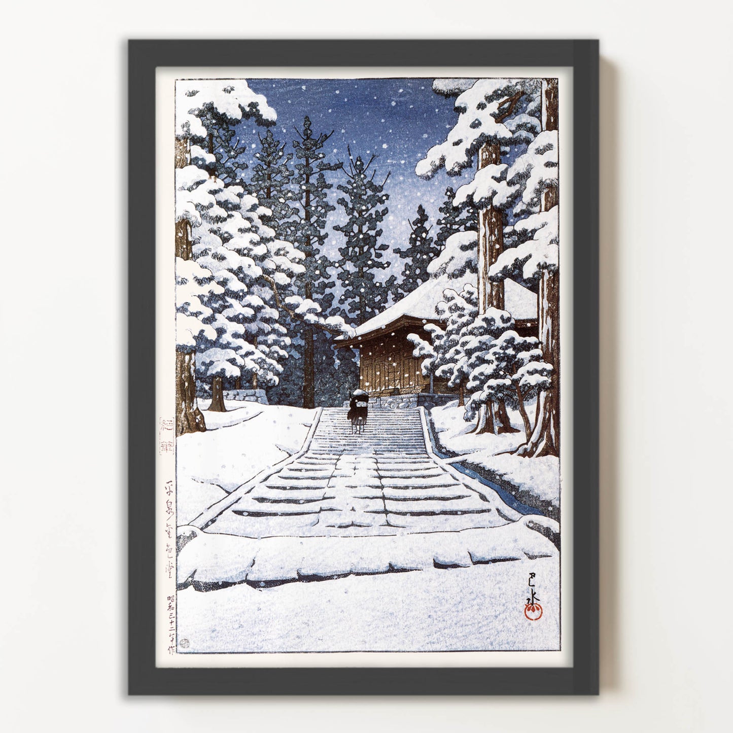 平泉金色堂（絶筆） / 川瀬巴水  木版画複製 マット紙  A4   フレーム入り（艶消し黒）