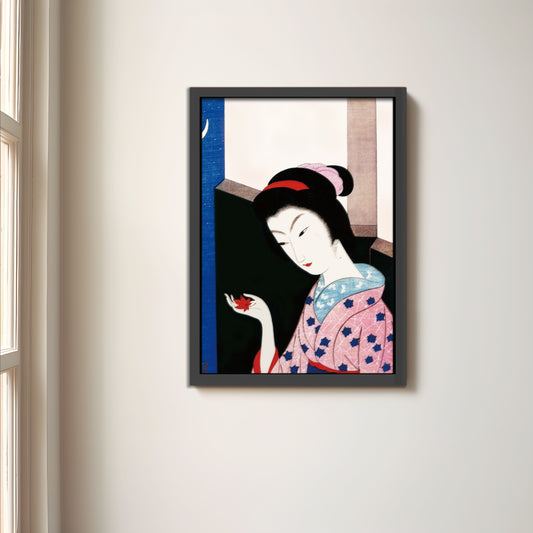 もみじ（額装） 小村雪岱 日本画 木版画複製  マット紙  A4   フレーム入り（艶消し黒）