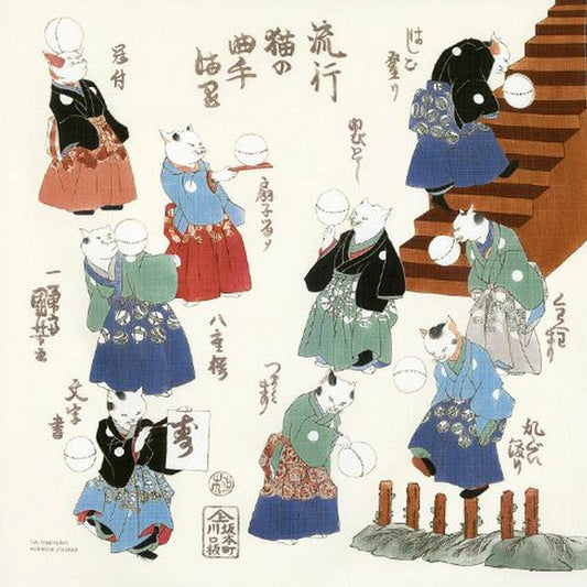 happy life cats  /Furoshiki  70x 70 cm (27″ x 27″) 100%organic cotton - Kuniyoshi Ukiyoe, Made in Japan