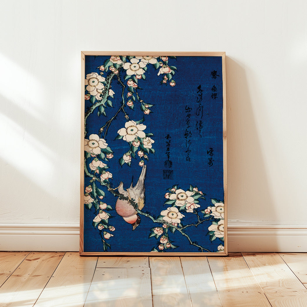 鷽に垂桜  12×18 / 葛飾北斎