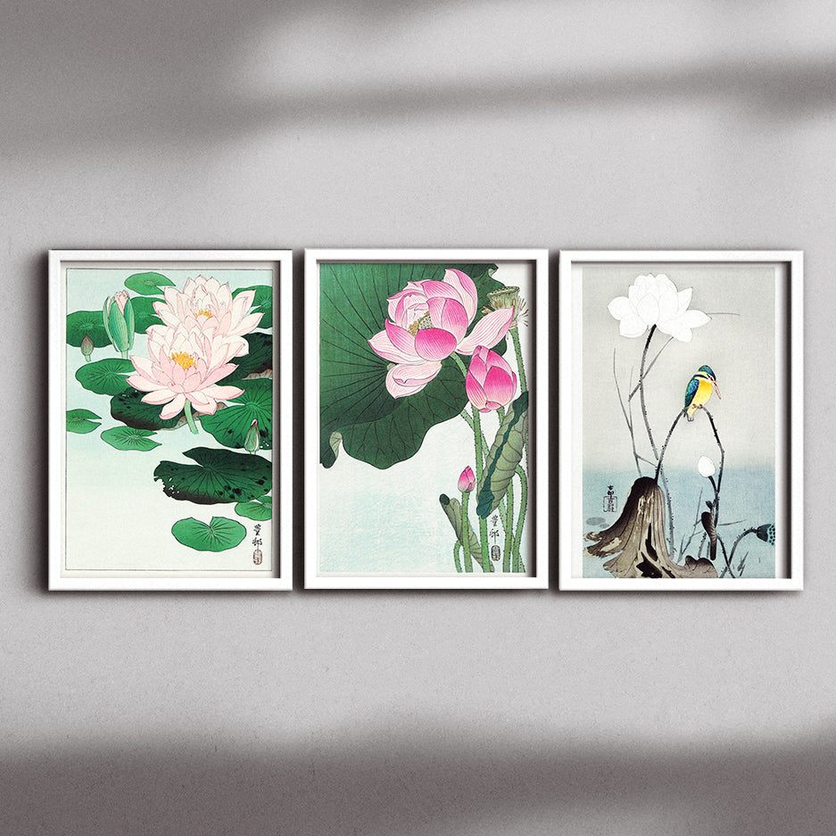 蓮の三作/小原古邨  木版画複製　しこくてんれい（和紙の風合い）花鳥風月　