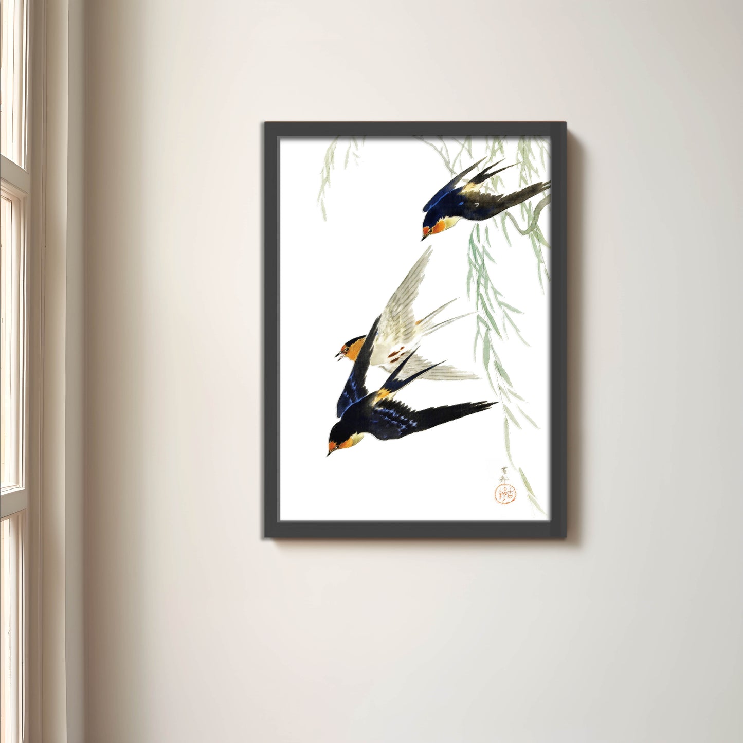 柳とツバメ / 小原古邨  木版画複製 マット紙  A4   IKEAフレーム入り