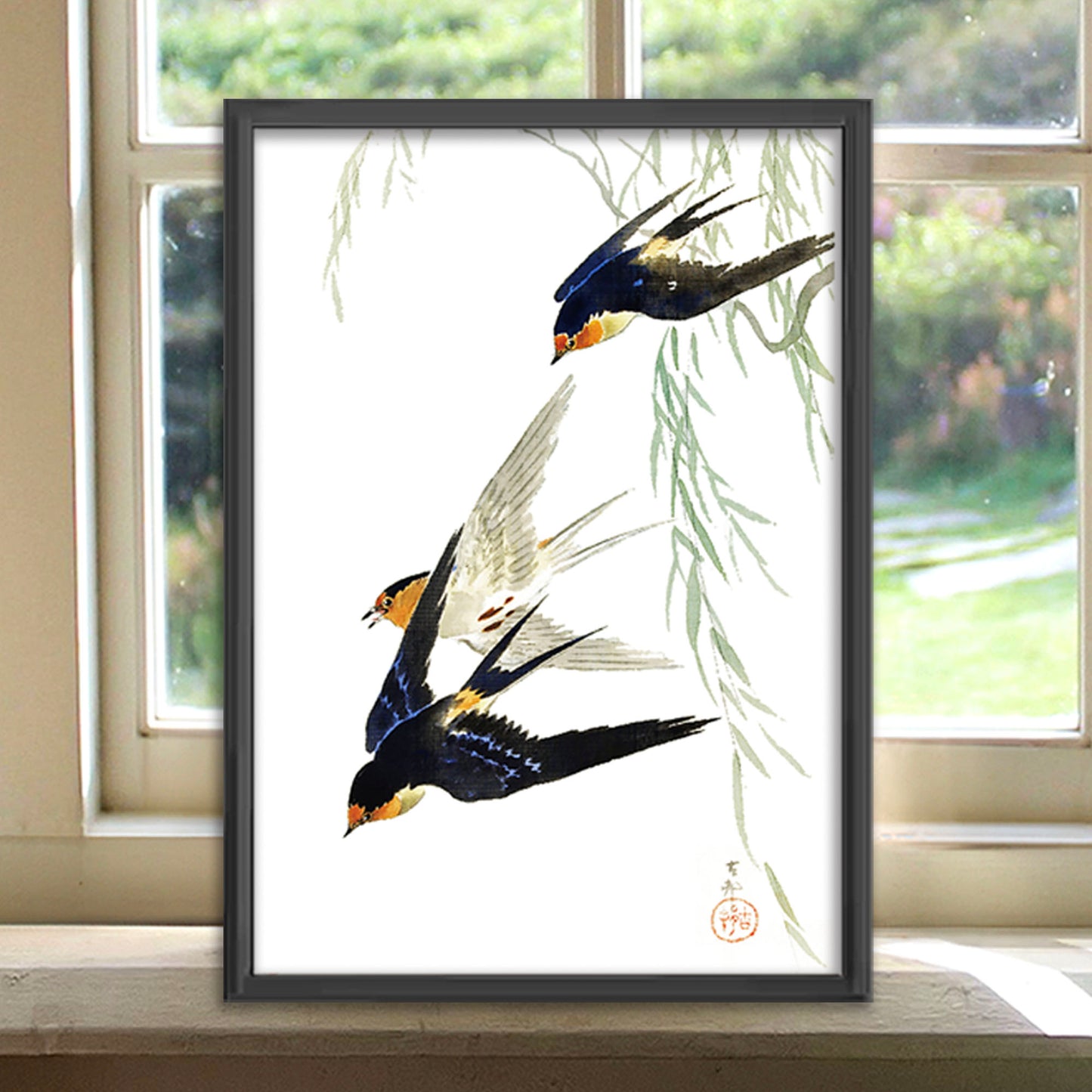 柳とツバメ / 小原古邨  木版画複製 マット紙  A4   IKEAフレーム入り