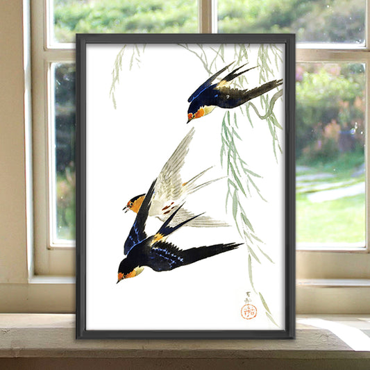 柳とツバメ / 小原古邨  木版画複製 マット紙  A4   IKEAフレーム入り