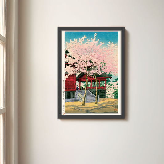 Sakura with temple A4 - Kawase Hasui