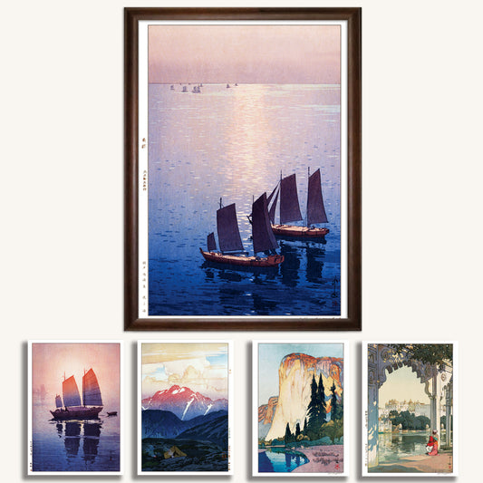 吉田博  雄大な自然５枚セット  木製額(1)＋木版画複製(５)  A3　（額装）木版画複製 日本製   ギャラリー品質
