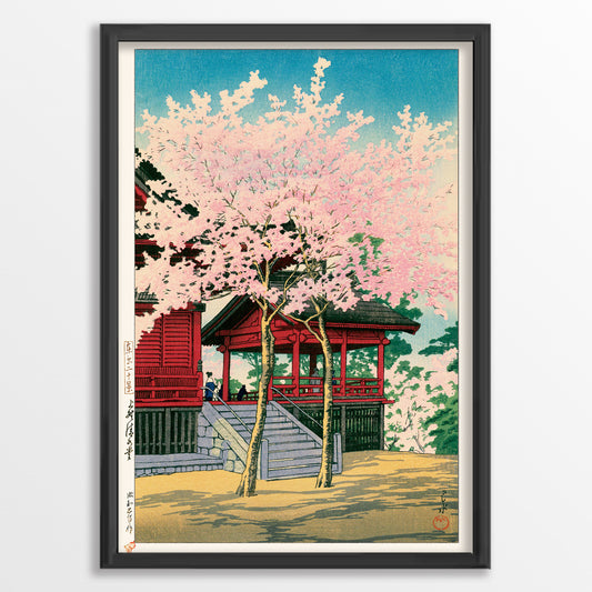 Sakura with temple A4 - Kawase Hasui
