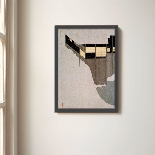 雪の朝（額装） 小村雪岱 日本画 木版画複製  マット紙  A4   フレーム入り（艶消し黒